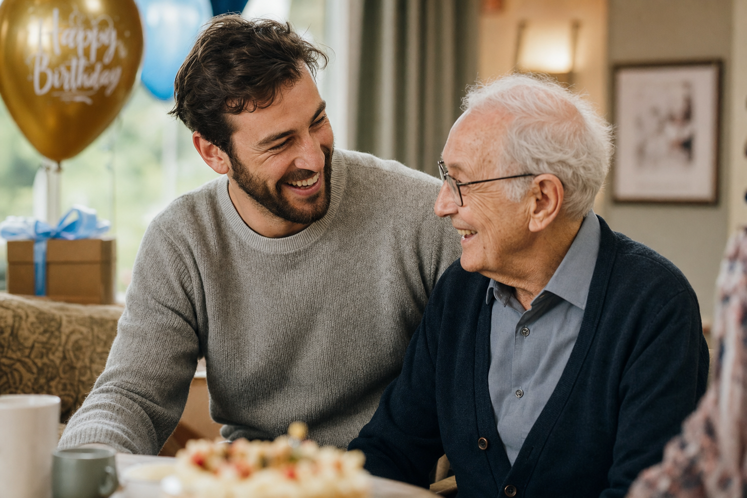 A care worker laughing with an elderly resident at a birthday gathering