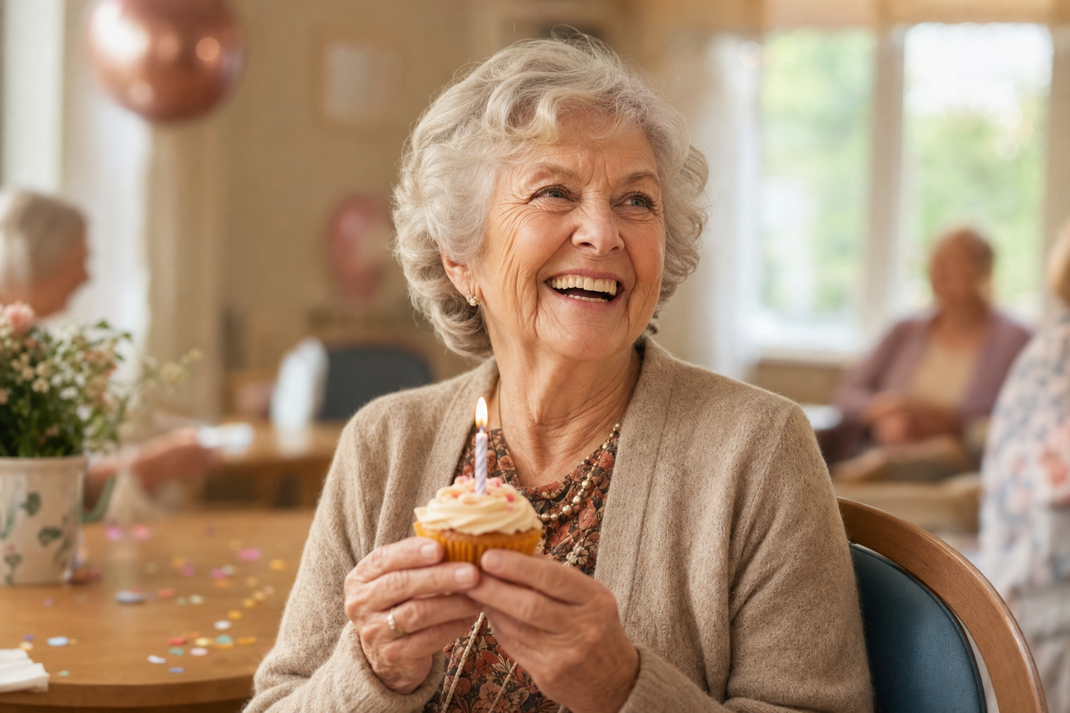 A resident joyfully celebrating her birthday in a care home