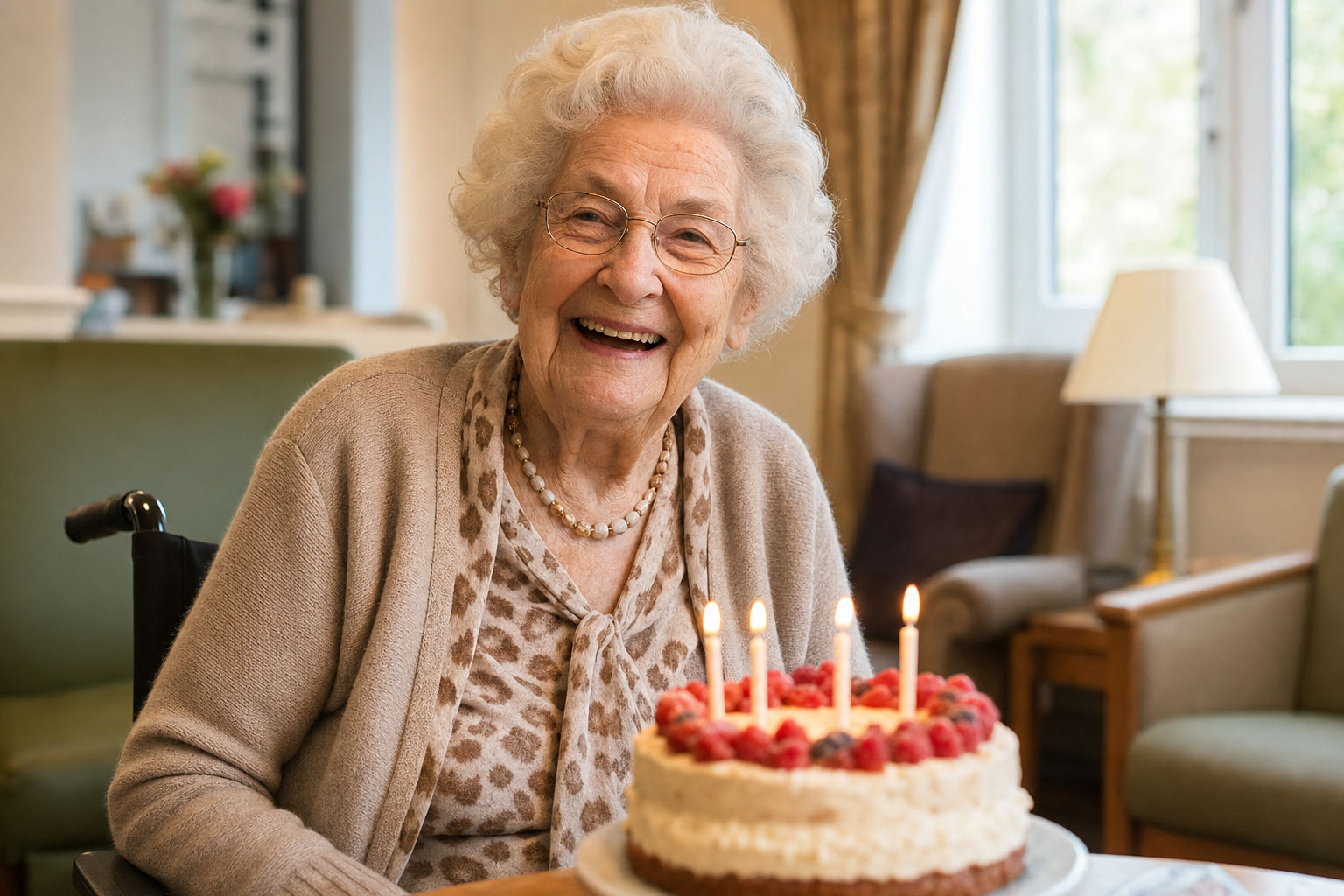 Care home resident celebrating her birthday with a cake
