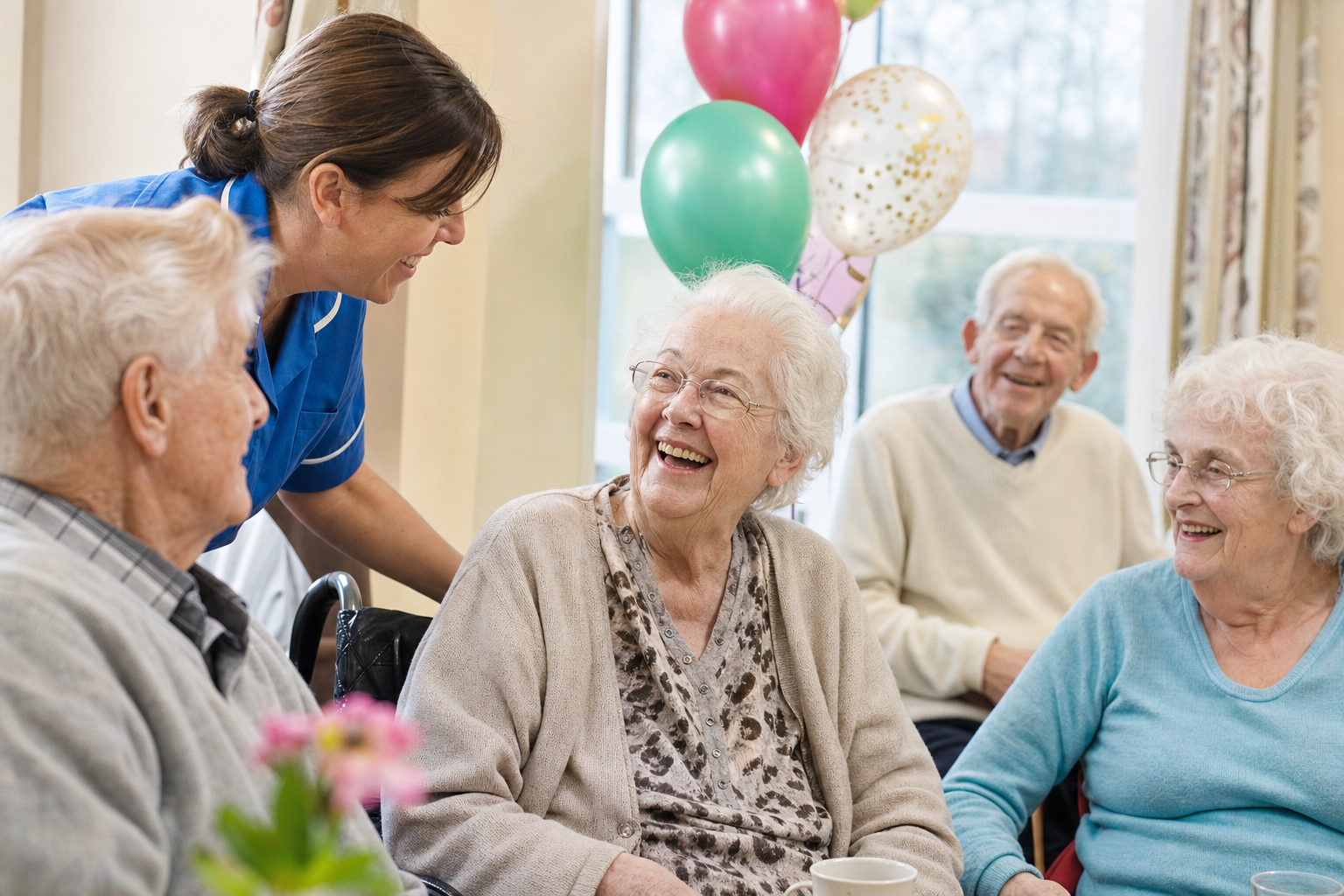 Residents and a carer celebrating together with balloons
