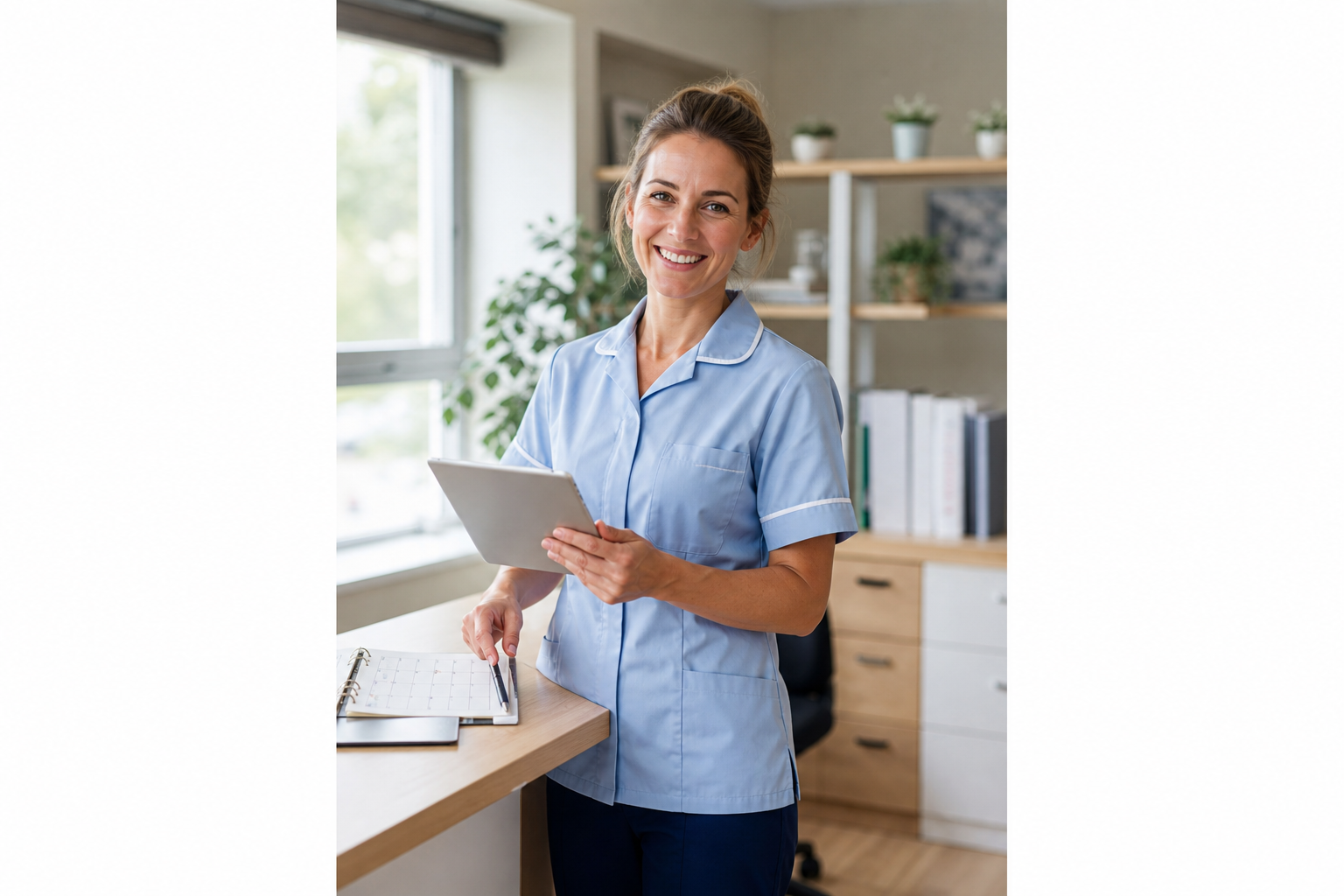 Care worker organising the celebration calendar on a tablet